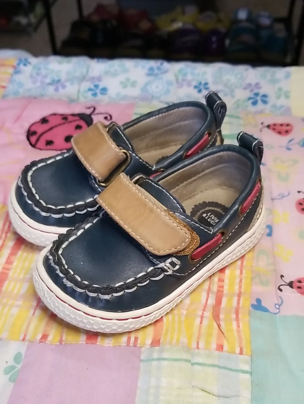 Livie & Luca Navy and Tan Leather Hook-and-Loop Loafers Size 4